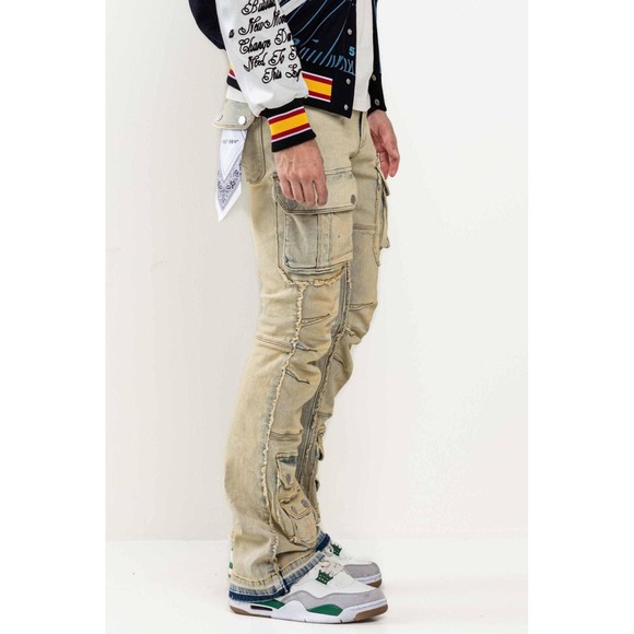 Men Stacked Jeans Multi Cargo Pockets Denim Pants on - Picture 3 of 14